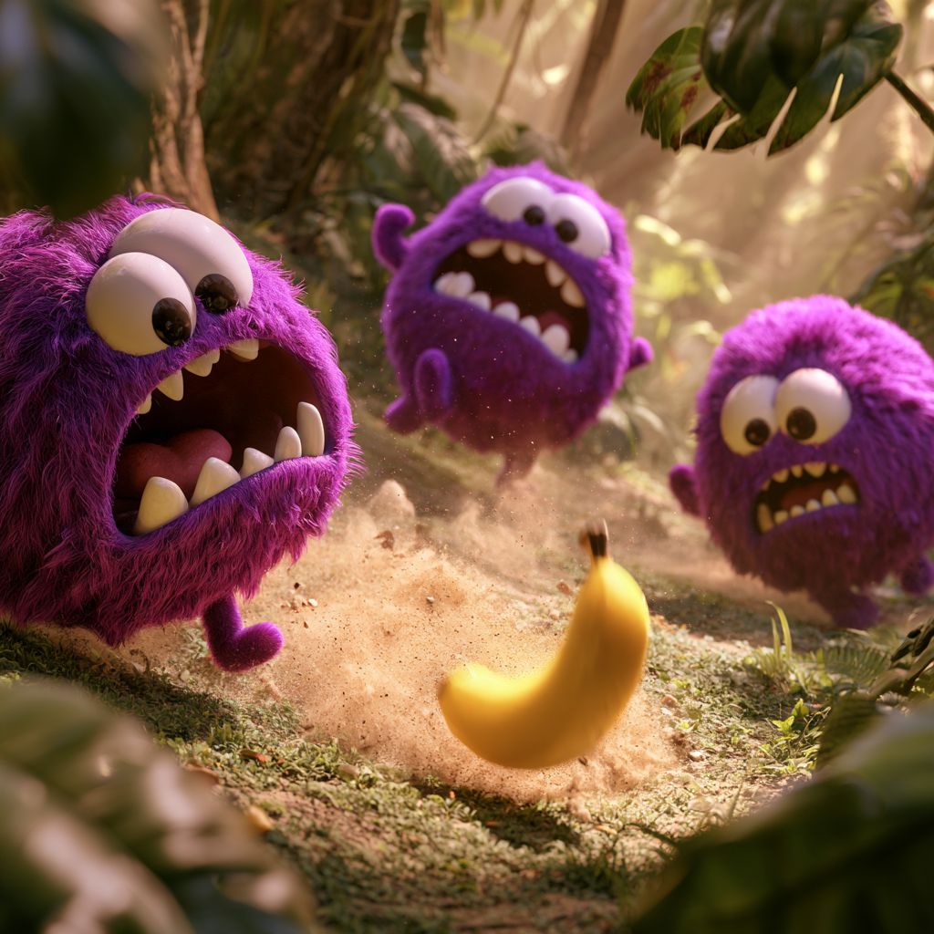 Three purple Chompies racing after a banana through the jungle