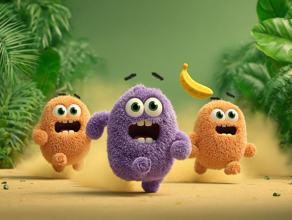 A purple Chompy and two orange friends running toward a flying banana