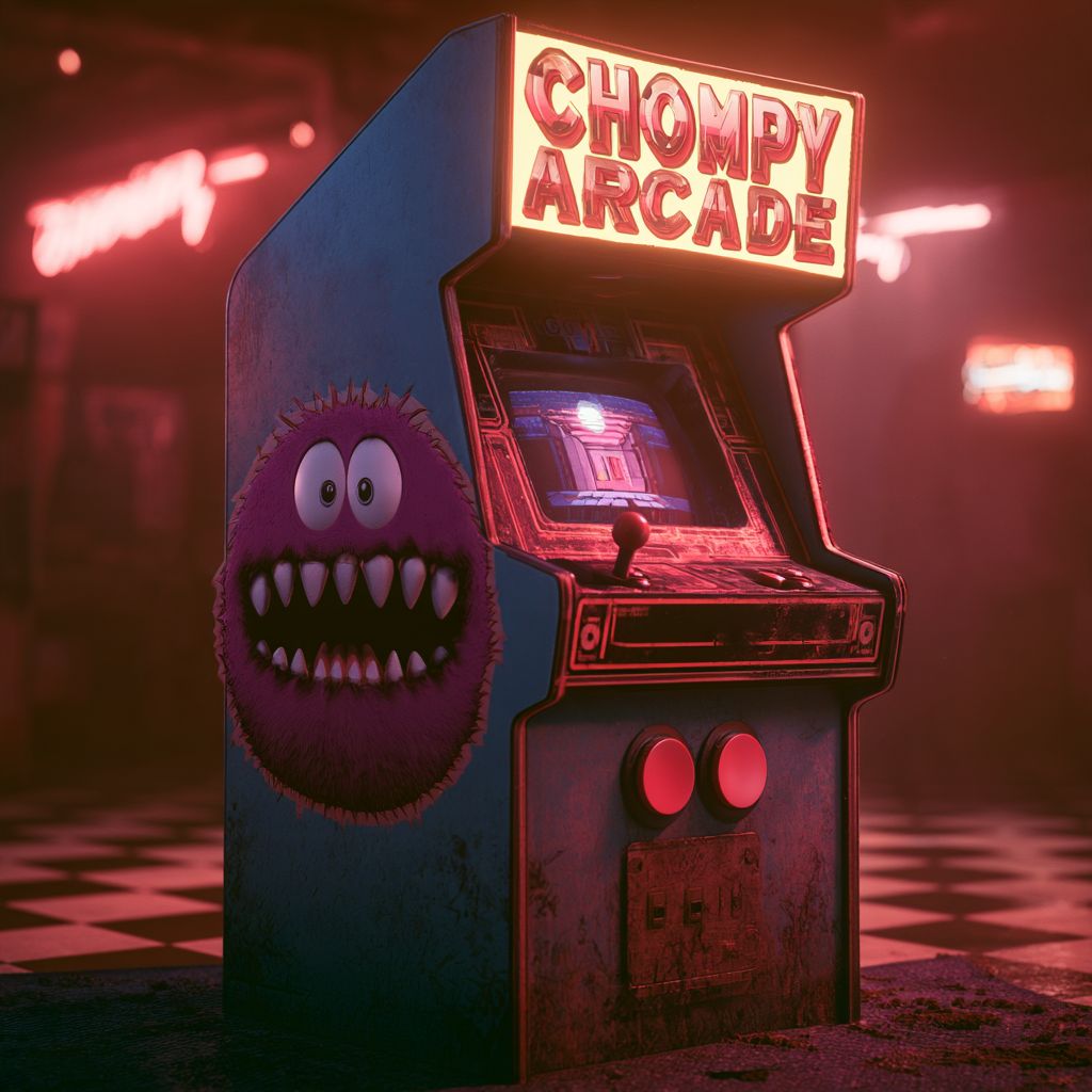 An old arcade cabinet with a Chompy painted on the side in a dim, red-lit arcade