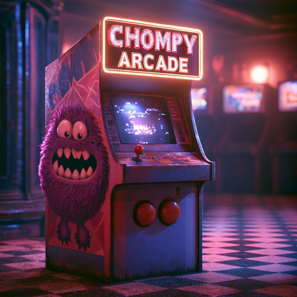 An arcade cabinet with a Chompy painted on the side under a glowing Chompy Arcade sign