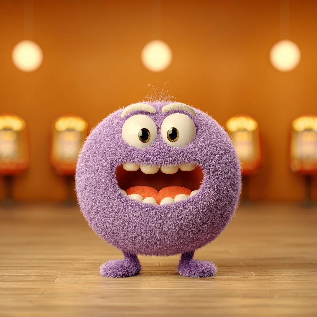 A fuzzy purple Chompy with eyebrows and a big open-mouth grin