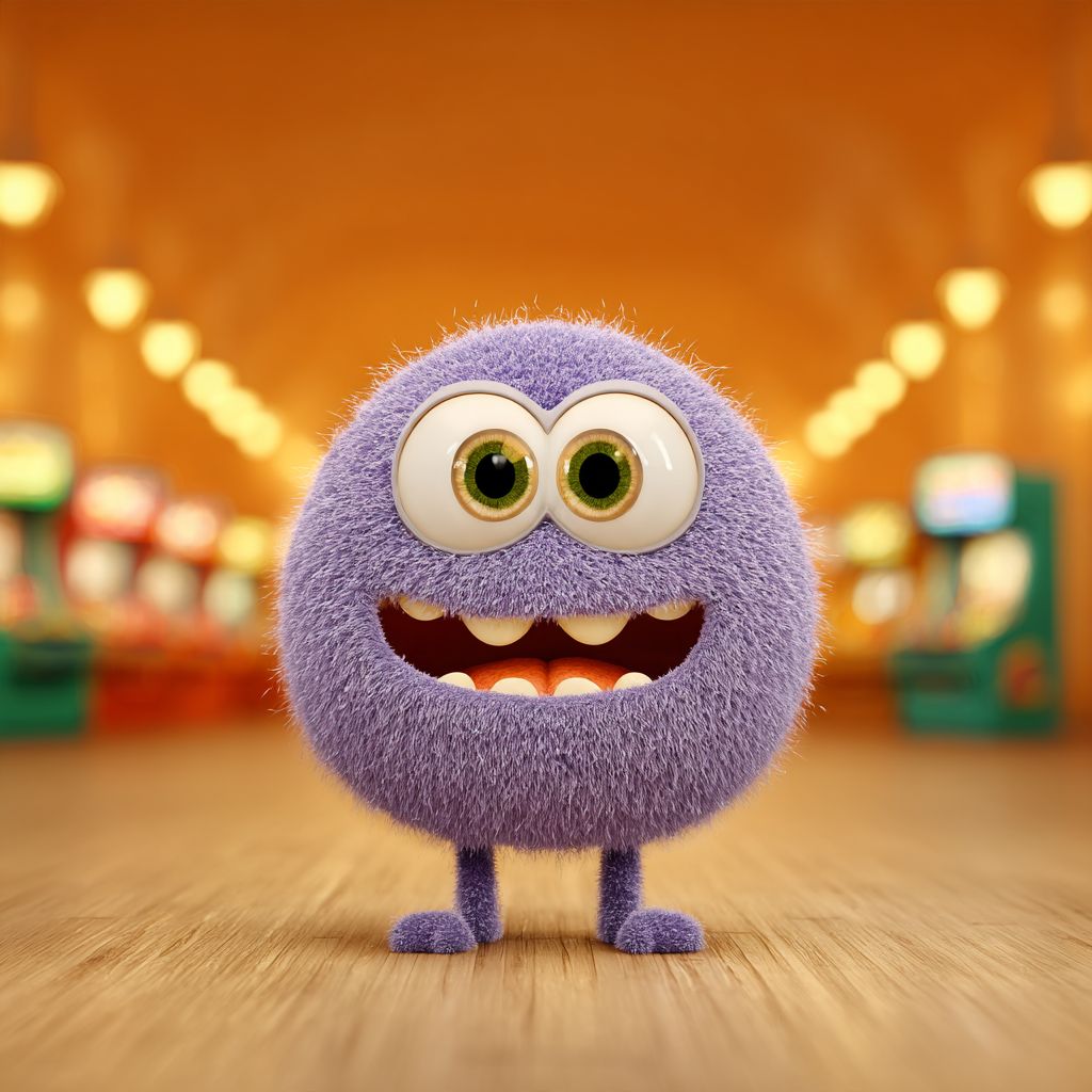 A fuzzy purple Chompy with big round eyes and a wide toothy grin