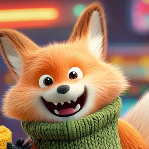 Friendly Fred, a grinning orange fox in a green knitted sweater