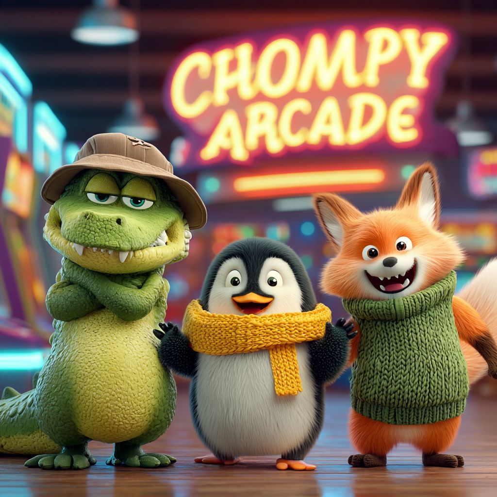 Grumpy Gus the crocodile, Positive Pete the penguin and Friendly Fred standing under the glowing Chompy Arcade sign