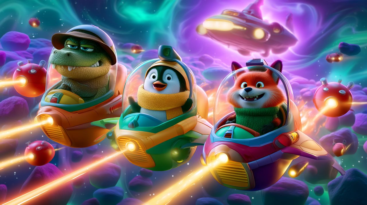 Gus, Pete and Fred flying star fighters through a nebula