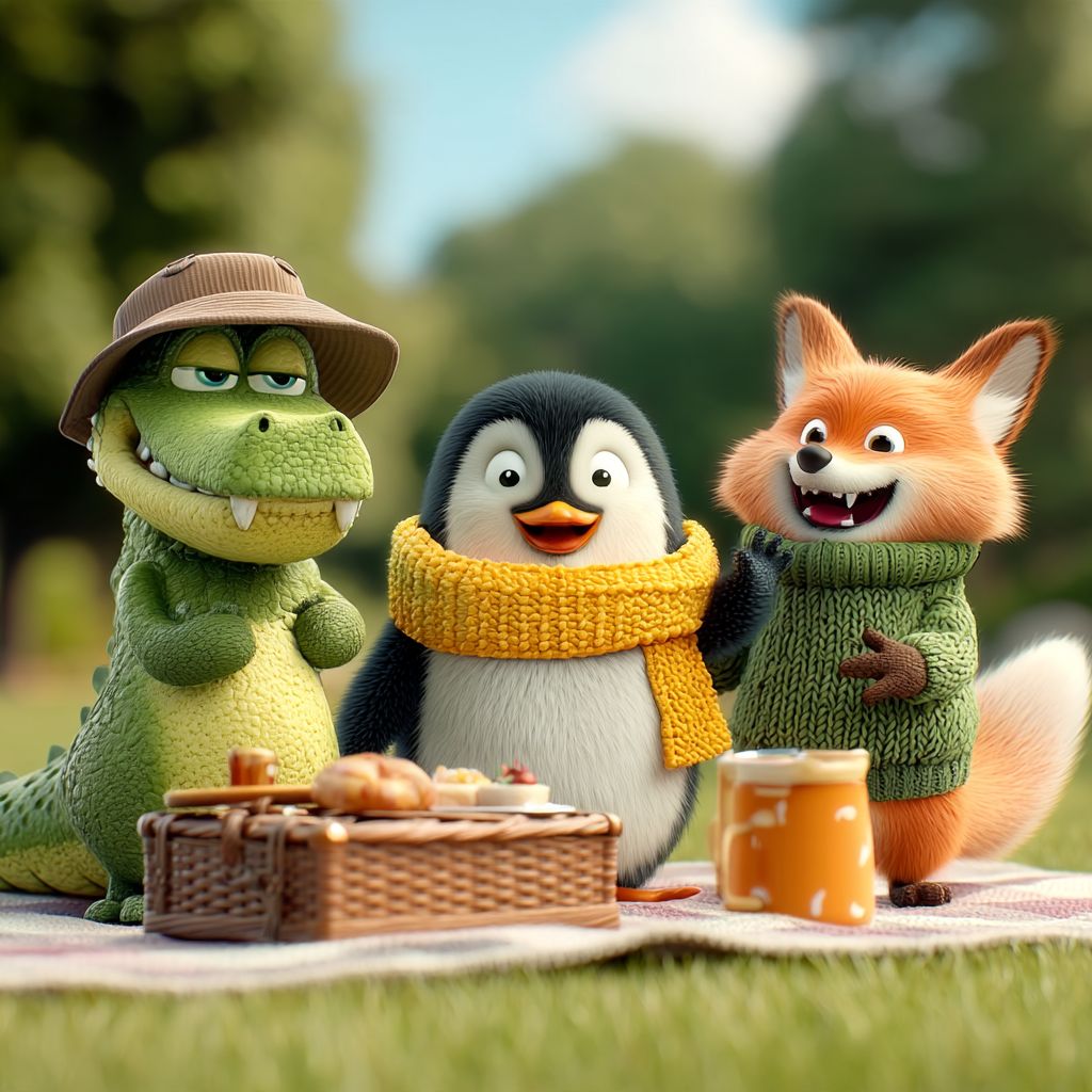 Gus, Pete and Fred having a picnic on a blanket in the park