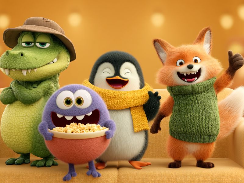Gus, Pete and Fred on a couch with a purple Chompy holding a bowl of popcorn