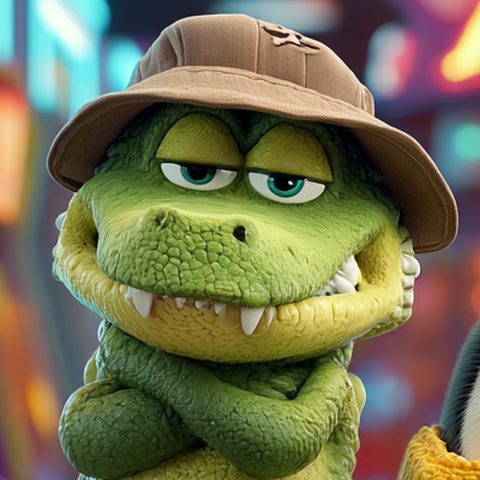 Grumpy Gus, a green crocodile in a brown bucket hat, arms crossed