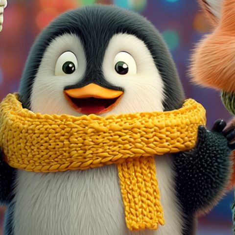 Positive Pete, a smiling penguin wearing a yellow knitted scarf